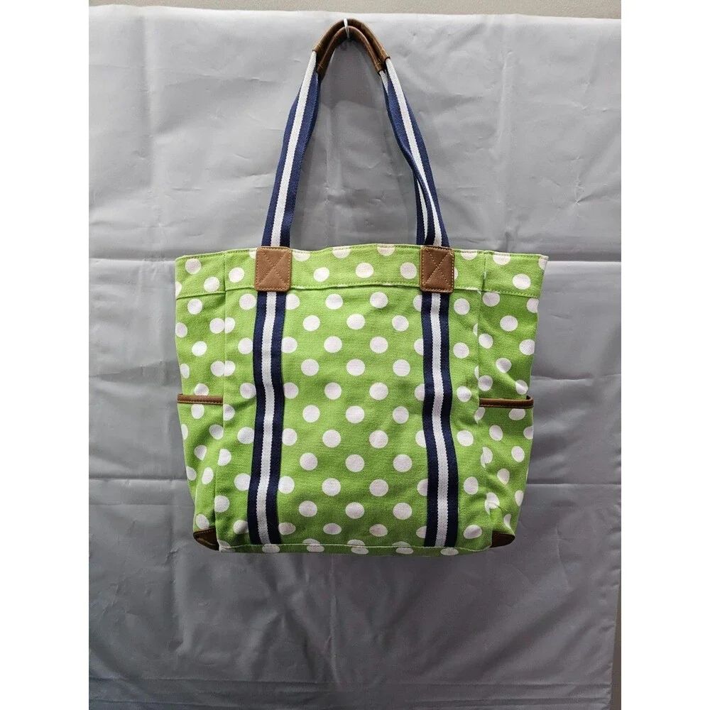 Pottery Barn Kids Diaper Bag Tote Green White Polka Dot Canvas Striped